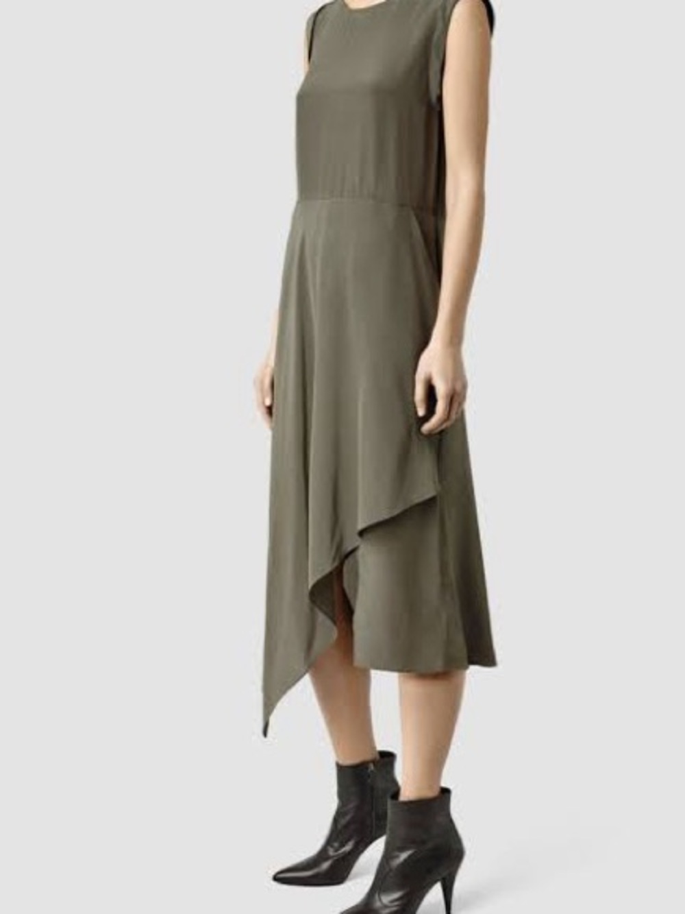 AllSaints Nude Silk Blend Asymmetric Wrap Dress Pockets US 4 – 90s Minimalist